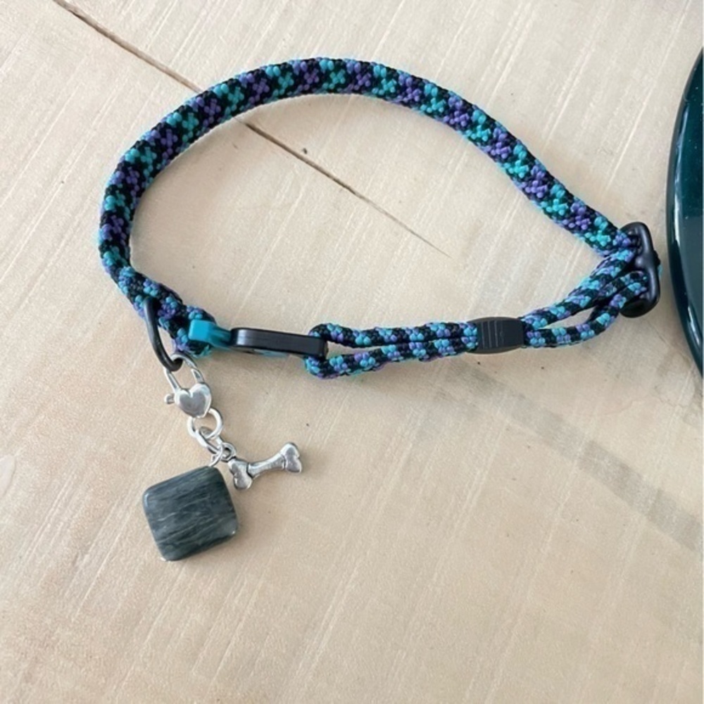 $10 SALE Handmade Pet Collar Charm Dark Green Gray Black Metal Dog Bone - Picture 3 of 3